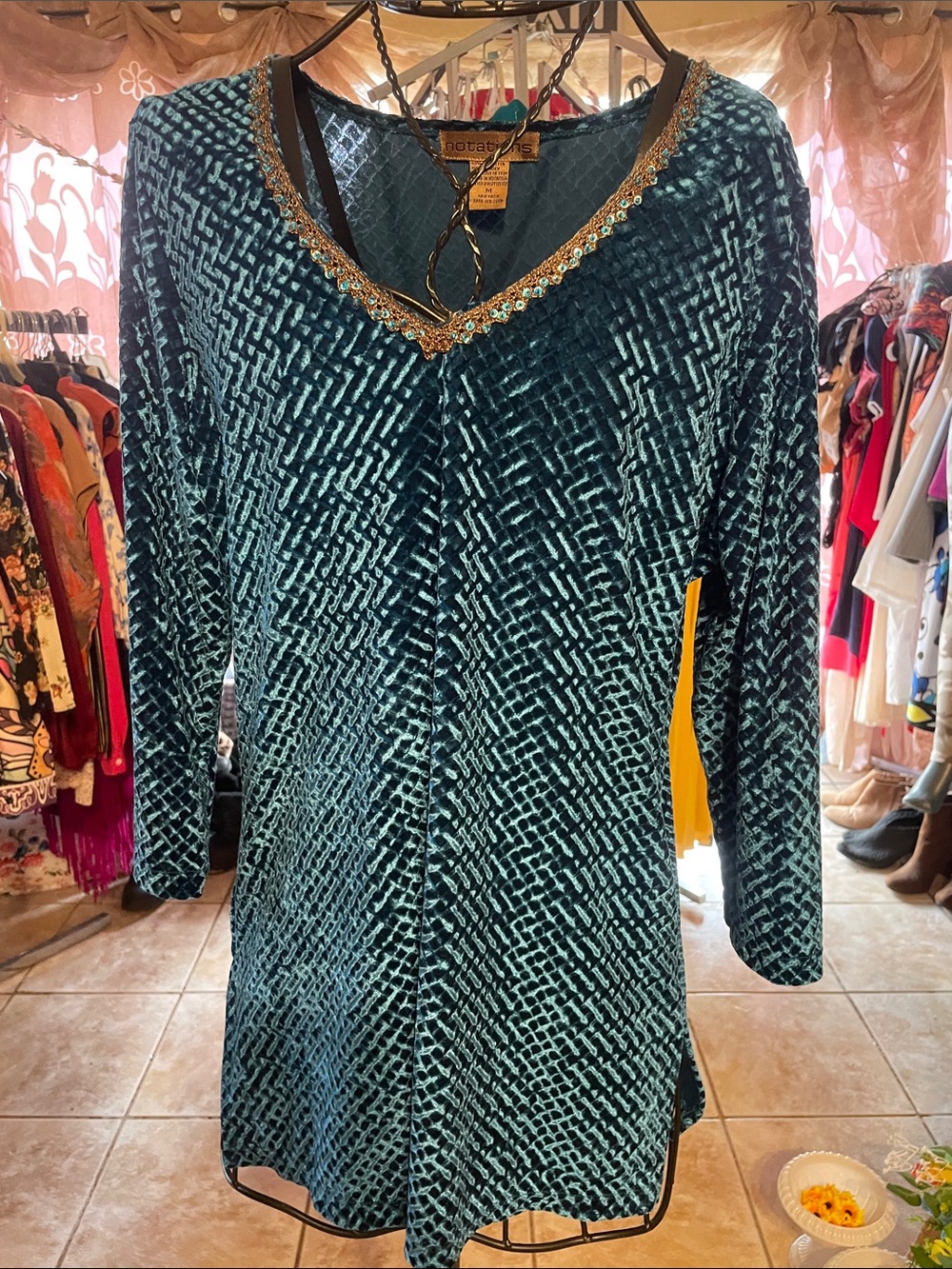 Teal Velvet  V-Neck blouse with Embellished Trim